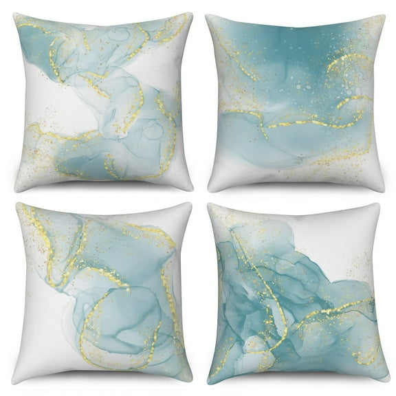 PBOBRIICH Blue Gold Throw Pillow Covers Set of 4,Marble Linen Pillowcase for Living Room Bedroom Decor,18x18 Inch
