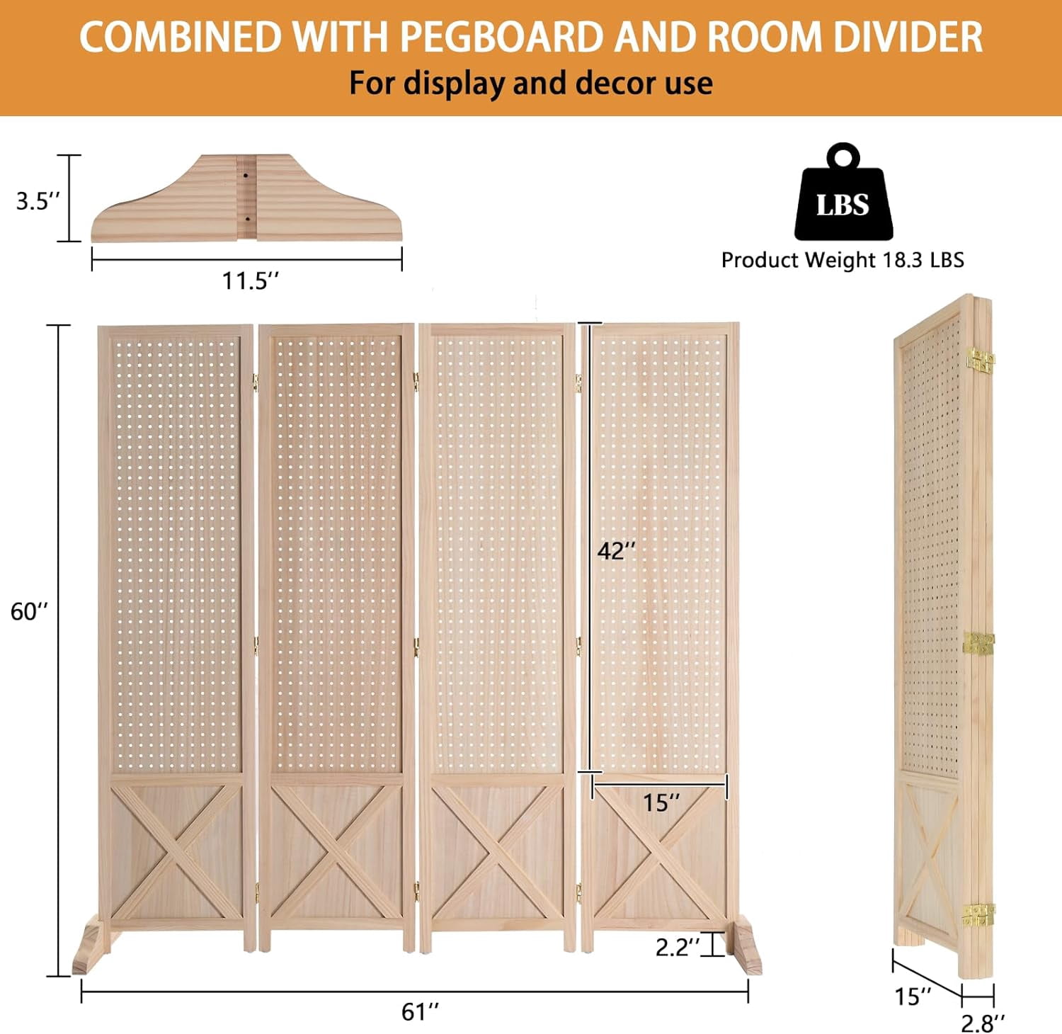 VINGLI Freestanding Pegboard with Support Feet, 5 FT Wood Room Divider Display Board Organizer, Folding Privacy Screen Partition Space Separator for Craft Shows Events Retail