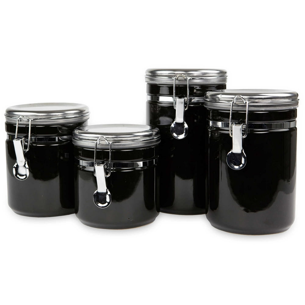 Home Basics Black 4Piece Ceramic Food Storage Canister Set Stainless