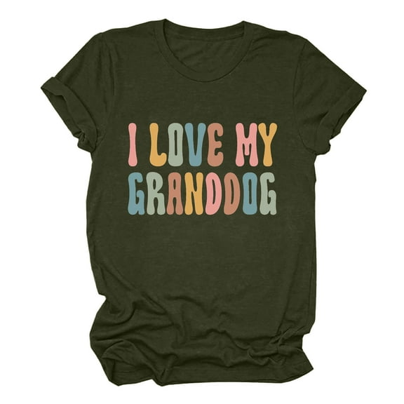 Lovskoo 2024 Summer Tops Womens Fashion Short Sleeve Round Neck Trendy "I Love My Granddog" Printed T-Shirt Casual Loose Shirt Tops Olive Green L