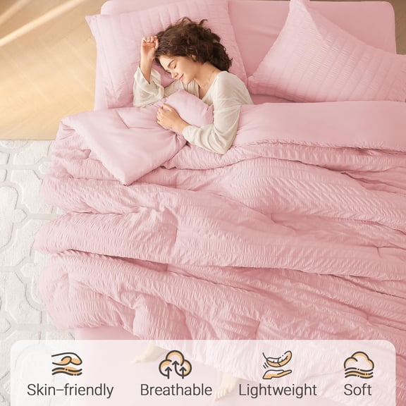Queen Size Comforter Set - Pink Seersucker Pattern