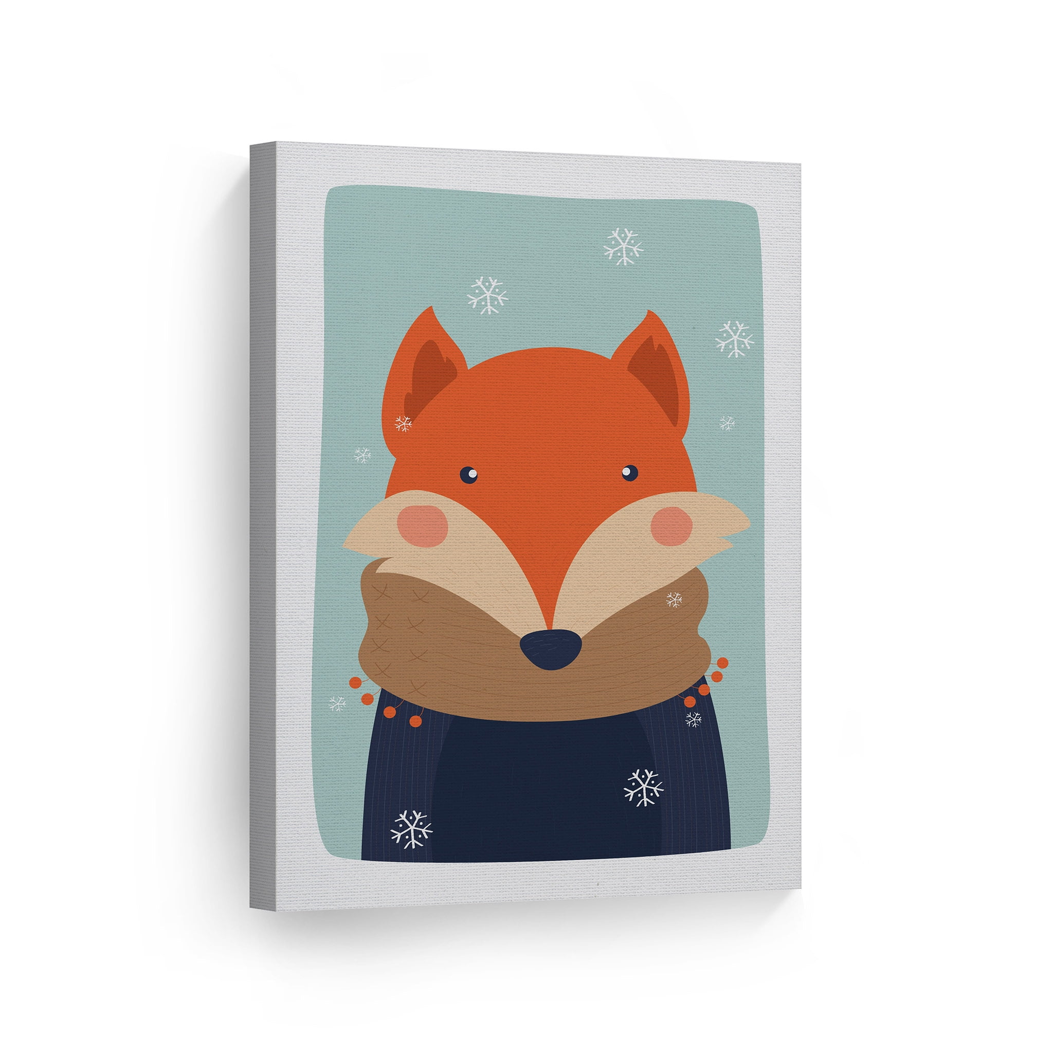 Smile Art Design Cute Fox Winter Theme Turquoise Background Canvas Wall