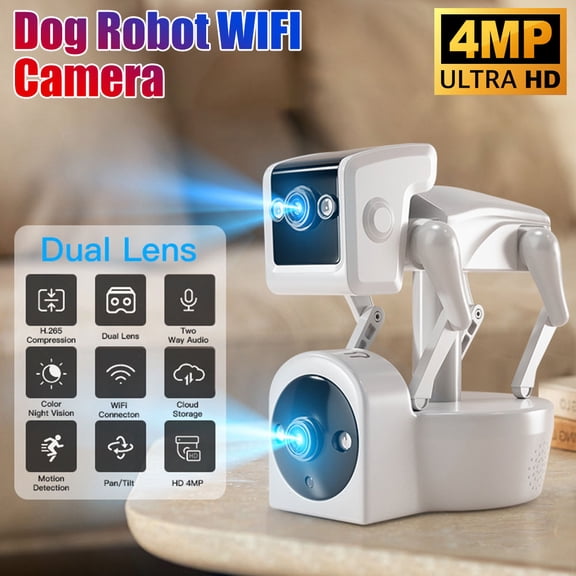 XAEIOW Yoosee Night Vision Camera 4MP Dual-light Robot Dog Picture-in-picture US Plug with Two-way Audio, WiFi, Cloud Storage, Motion Detection, H.265 Compression for Indoors, Offices, Classrooms