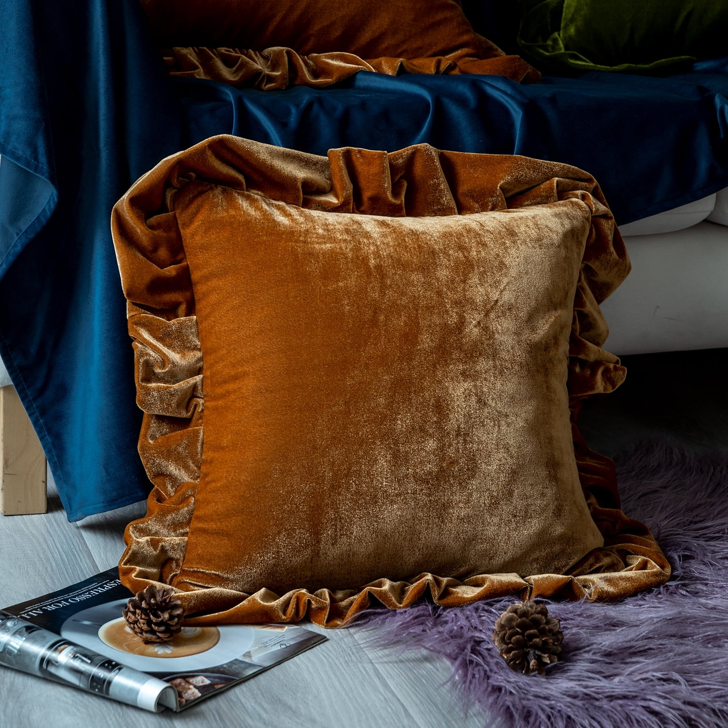 GLORY SEASON Velvet Throw Pillow Cover Soft Decorative Solid Square Cushion Case for Sofa Couch,Pack of 2 18x18 In Golden Camel