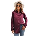 thumbnail image 3 of POGLIP Women's Wine Satin Button Shirt with Pocket, 3 of 6