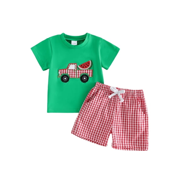 BemeyourBBs 2Pcs Toddler Baby Boy Summer Clothes Infant Baby Boys Summer Outfits Short Sleeve Watermelon in Truck Embroidery T Shirt Tops and Elastic Waist Pockets Plaid Shorts Set