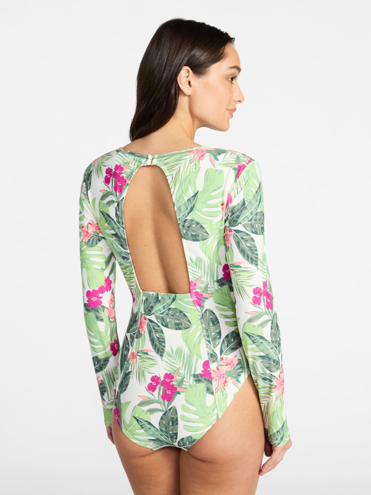 Time and Tru Women's and Women's Plus Size One Piece Rash Guard Swimsuit with Long Sleeves, Sizes XS-3X