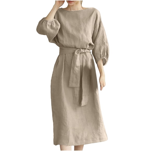 QUYUON Linen Dress for Women Summer Belted Midi Dress Ladies Casual 3/4 Sleeve Round Neck T-Shirt Dress with Belt Pleated A-Line Tunic Cocktail Party Long Dresses Style D-1209 Khaki XL