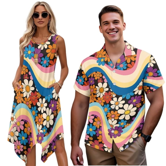 KUIFORTI Hippie Flower Hawaii Matching Couple Outfits Husband and Wife Clothing Fashionable Loose Swing Sundresses with Soft Fabric Lightweight Fit for Outdoor Picnic