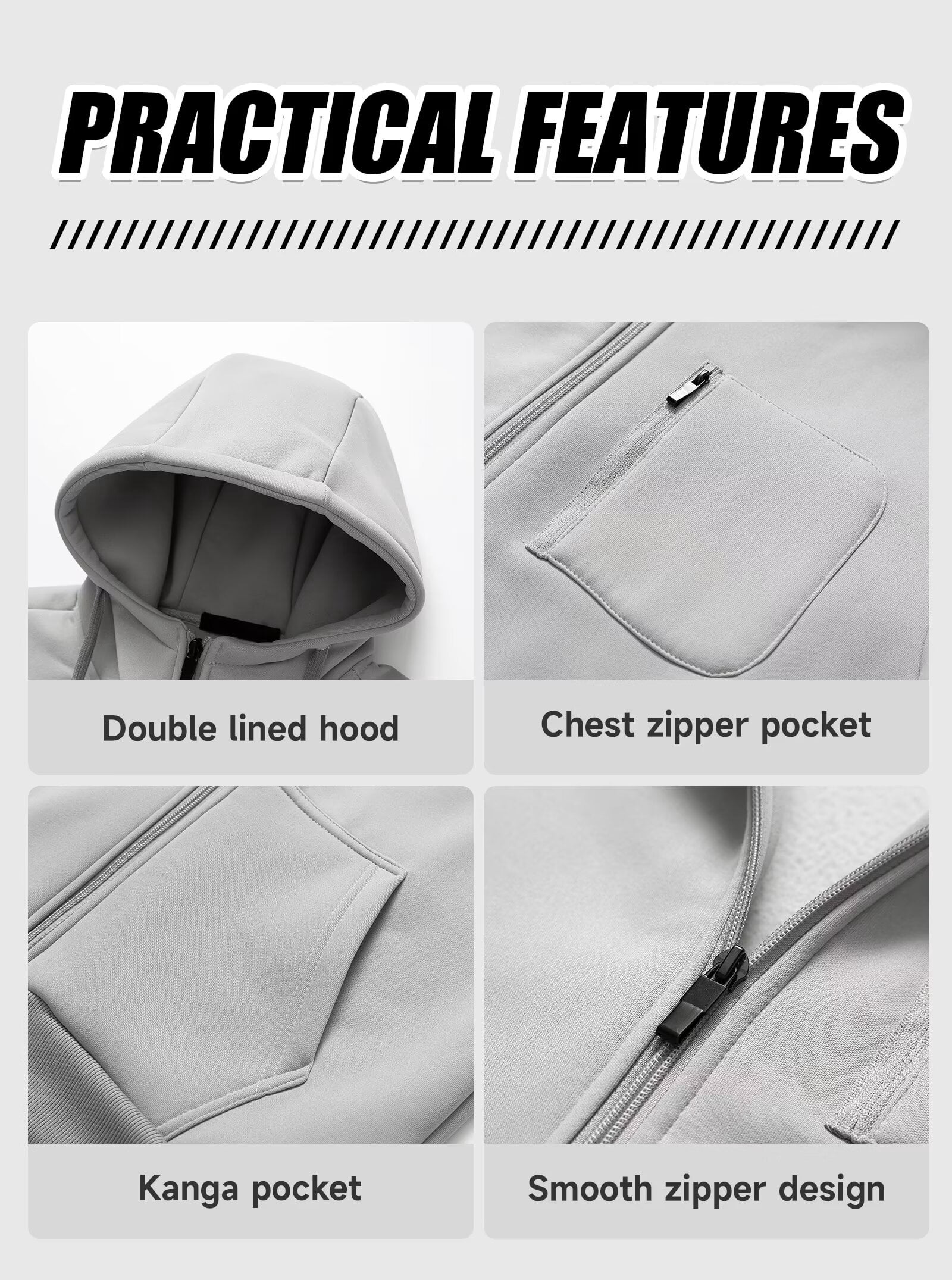 Chrisuno Men's Lightweight Fleece Long Sleeve Full-Zip Plus Size Hooded Sweatshirt Workout Jackets Light Grey M
