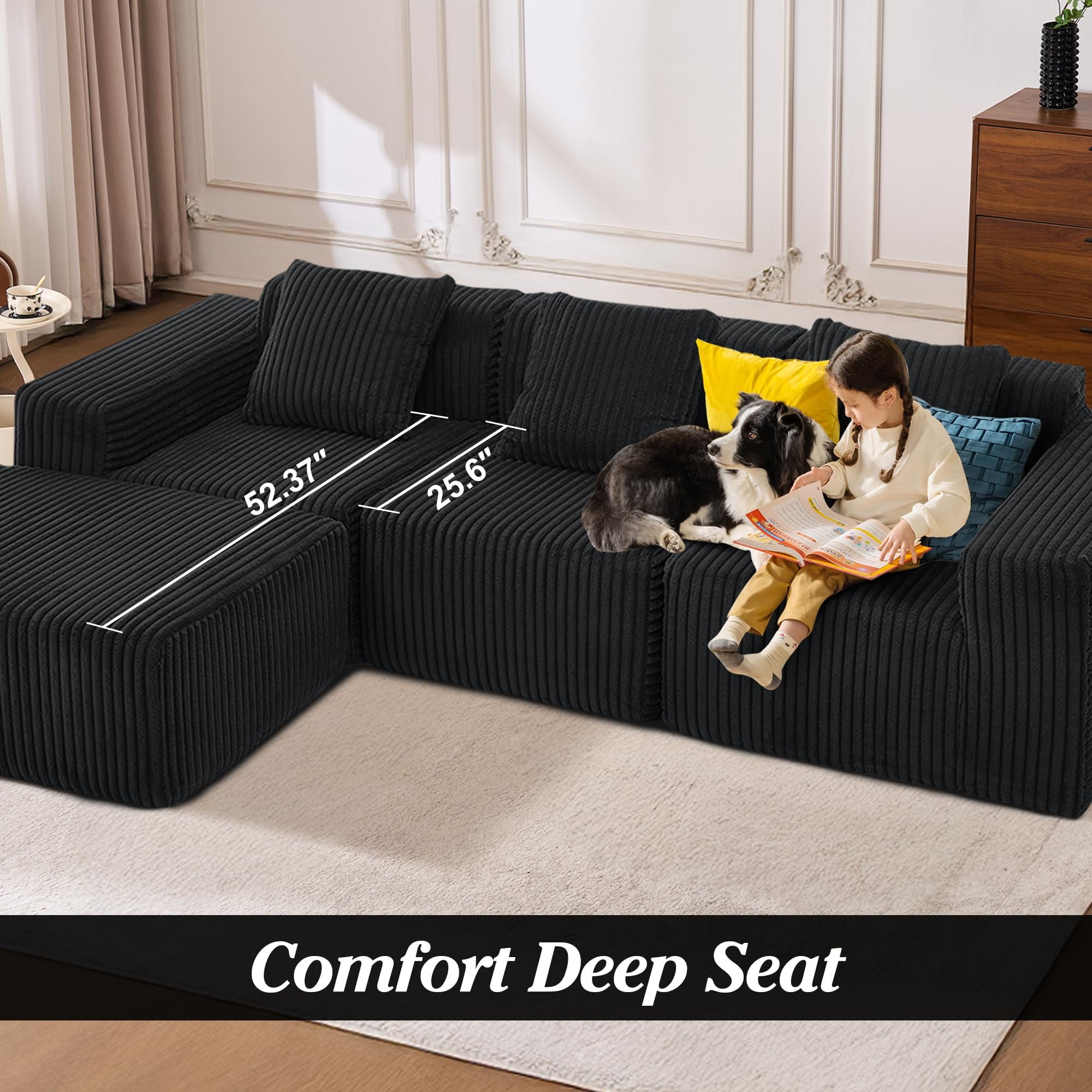 101" Boneless Memory Foam Sectional Sofa, Corduroy Could Modular Sectional Couch, Comfy L Shaped Compression Couches with Chaise for Living Room, No Assembly Required (Black, 101in)