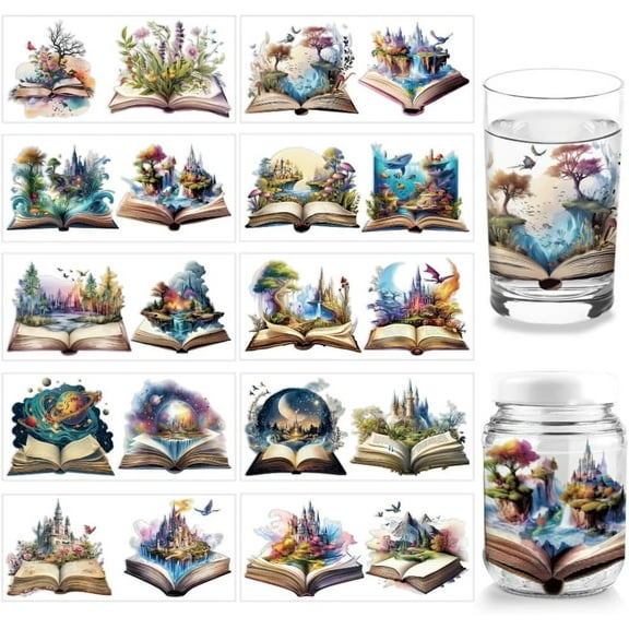 1Set 10 Pcs UV DTF Cup Wrap Transfer Sticker 10 Styles Fantasy Books Transfer Paper Castles Plant Rub on Stickers PVC Cup Wrap Waterproof Rub Decals for Cup Glass 24x11cm/9.4x4.3inch
