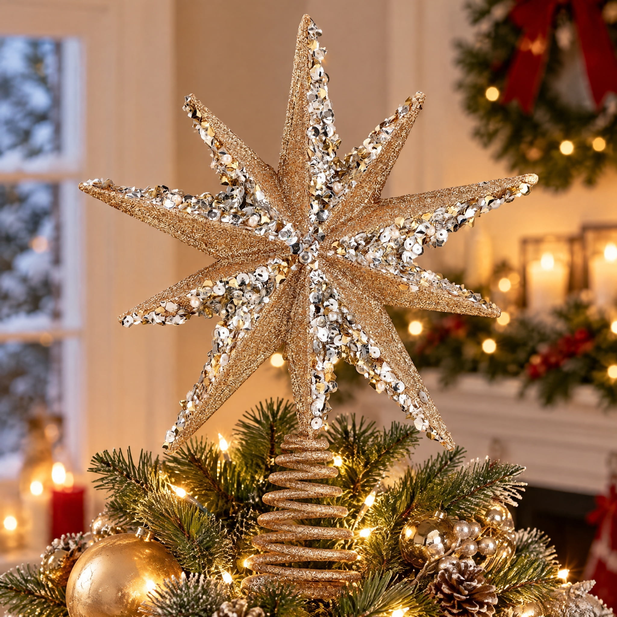 Glitter Starburst Christmas Tree Topper, Gold and Silver, 12", by Holiday Time
