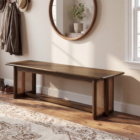 ECOBUY Walnut Rubber Wood Dining Bench with Plastic Rattan Weave, 59.06''L Indoor Seating for Kitchen, Living Room & Entryway
