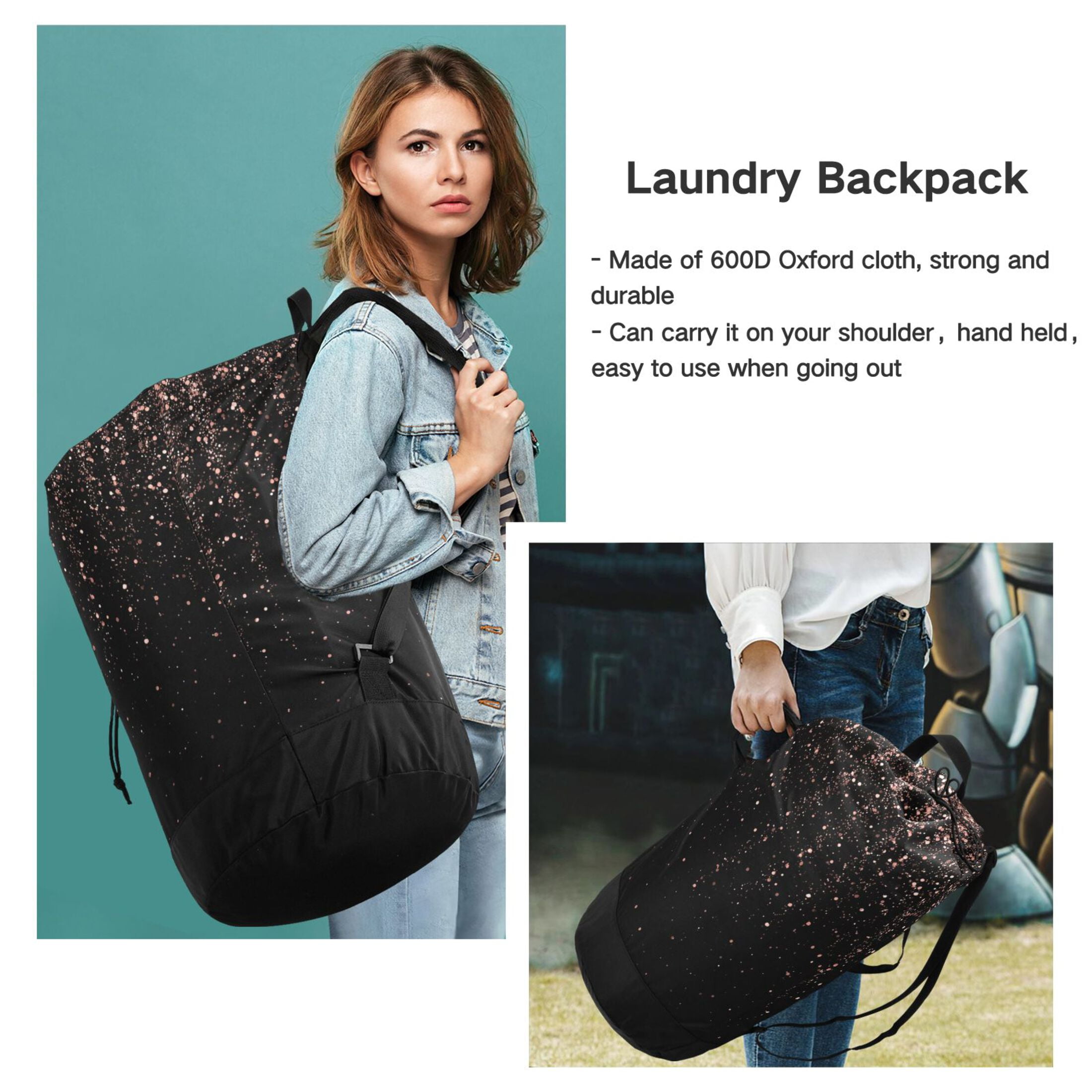 14.5x29.3in Laundry Backpack Bag with Drawstring & Adjustable Straps Heavy-Duty Wash Bag for Travel Storage Camping Rose Gold Glitter