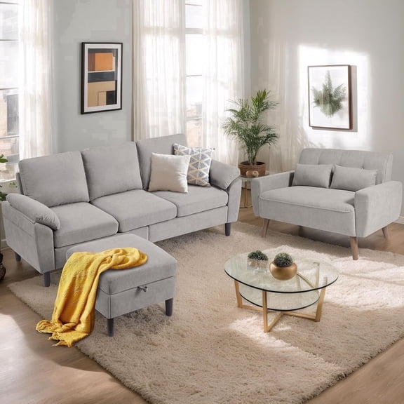 Pingliang Home Sectional Sofa Furniture Set, L Shaped Couch with Storage Ottoman & Loveseat with 2 Throw Pillows, Modern Linen 3 Seat Sofa and 2 Seat Couch for Living Room Apartment Office Studio