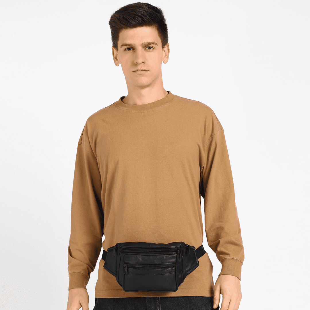 Leather Black Unisex Jumbo Fanny Pack with Side Zipper Pockets by Leatherboss