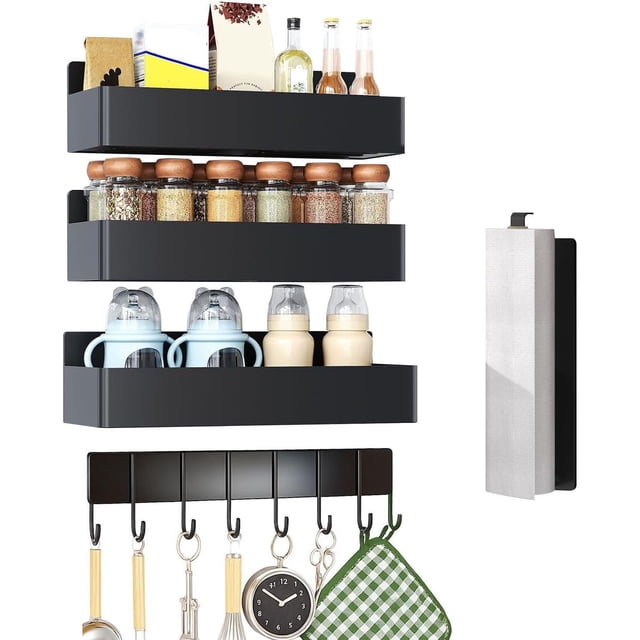 Especieros para Cocina Magnético, 5 Estante Magnético de Metal para Refrigerador, Organizador Móvil para el Frigorífico con 10 Ganchos con Soporte de Papel