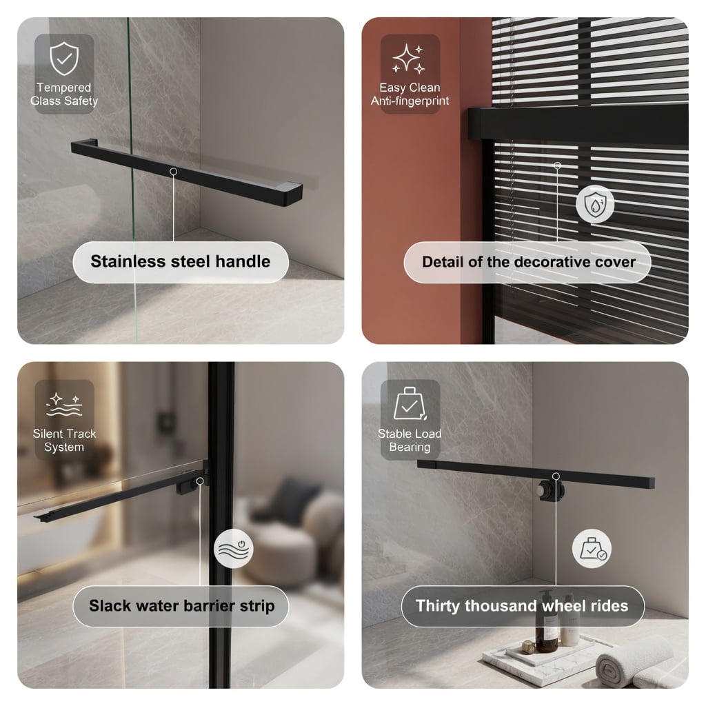 Hommoo 48"W x 72"H Frameless Dual Sliding Shower Door, Soft-Close Buffer Track, Leak-Proof Extended Metal Threshold, Black & Transparent