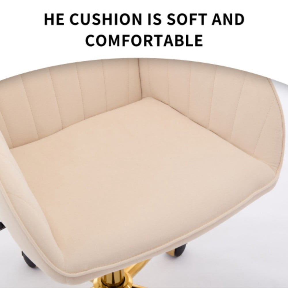 Ergonomic Office Chair, Upholstered Swivel Desk Chair with Memory Foam Cushion, Adjustable Backrest, Golden Metal Base for Home Office & Bedroom, Khaki