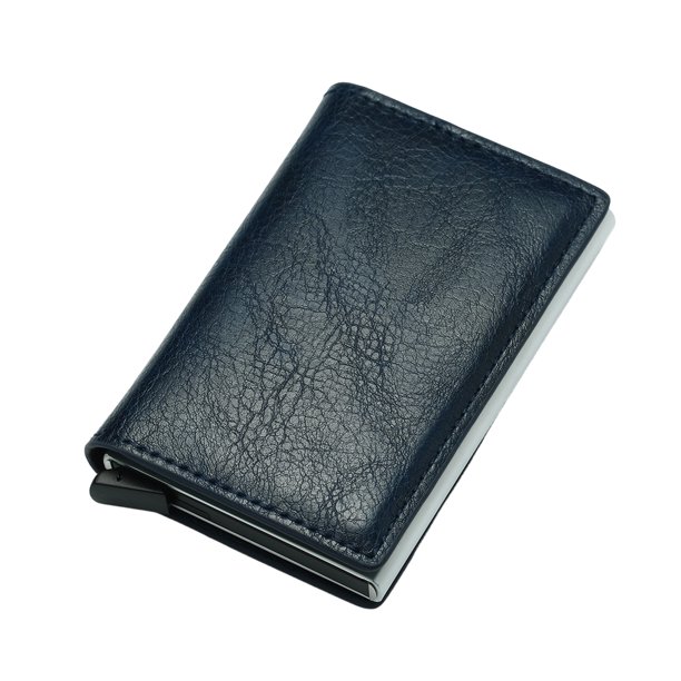 Cartera de piel sintética para hombre, billetera triple con bloqueo RFID y tarjetero delgado emergente, tarjetero de aluminio metálico.