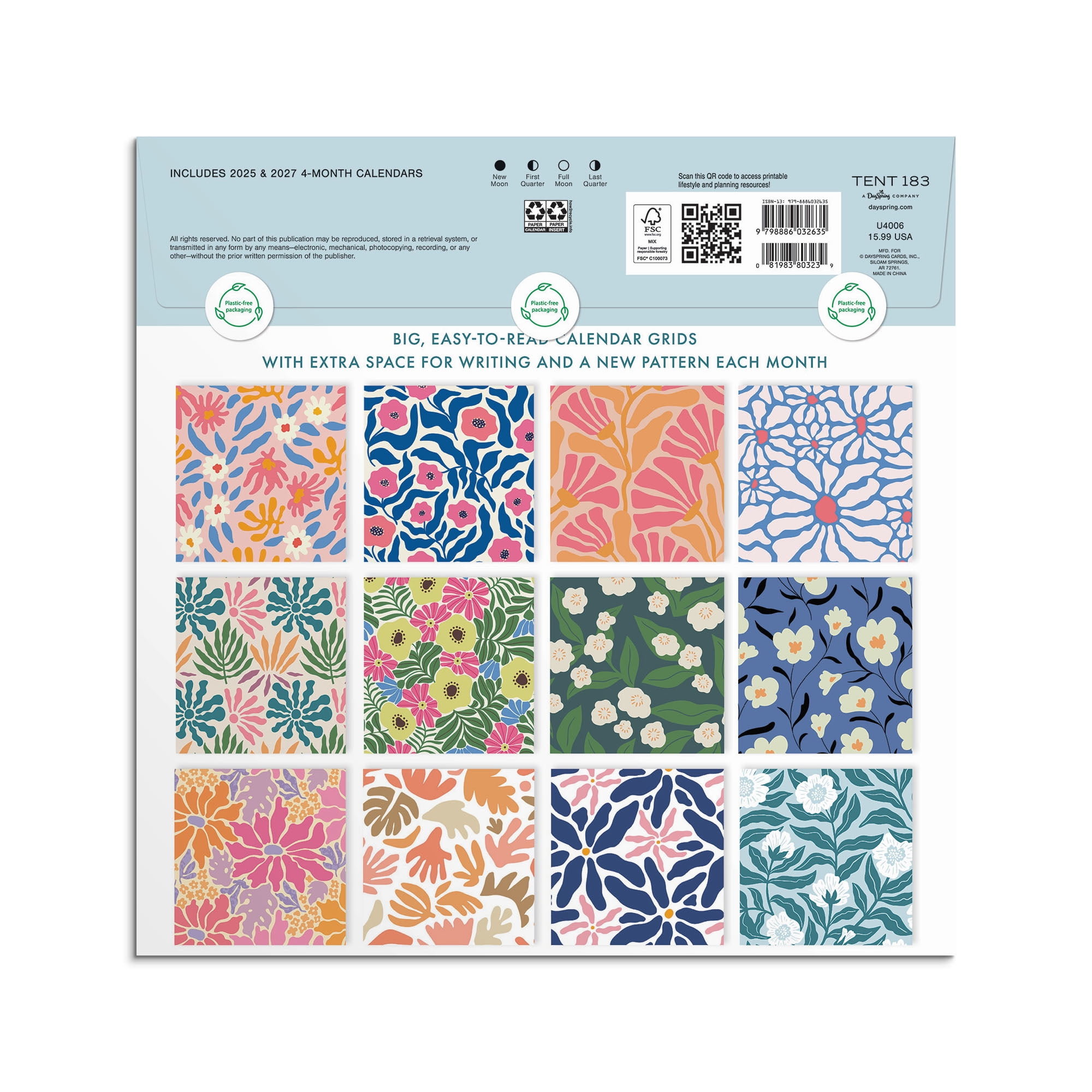 DaySpring Monthly Calendar (12"x12") Lg Grid Floral 12 Month Jan 2026-Dec 2026