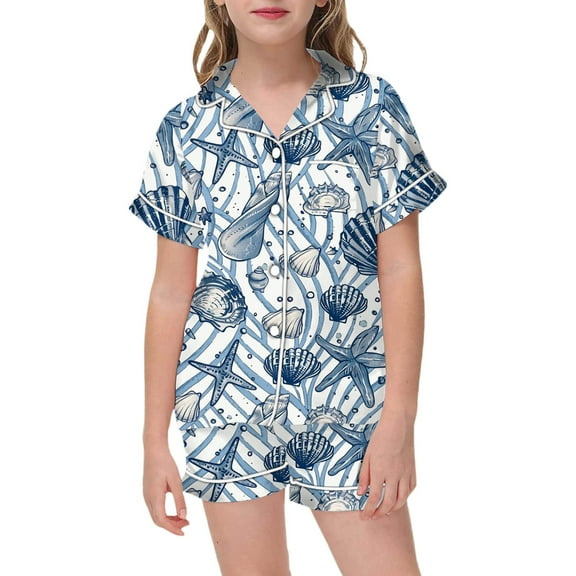 Curuila Toddler Kids Girls Outfit Set Short Sleeve Cartoon Print Lapel Button Shirt Shorts Fashion Comfortable Two Piece Sets Blue Size 4-5 Years