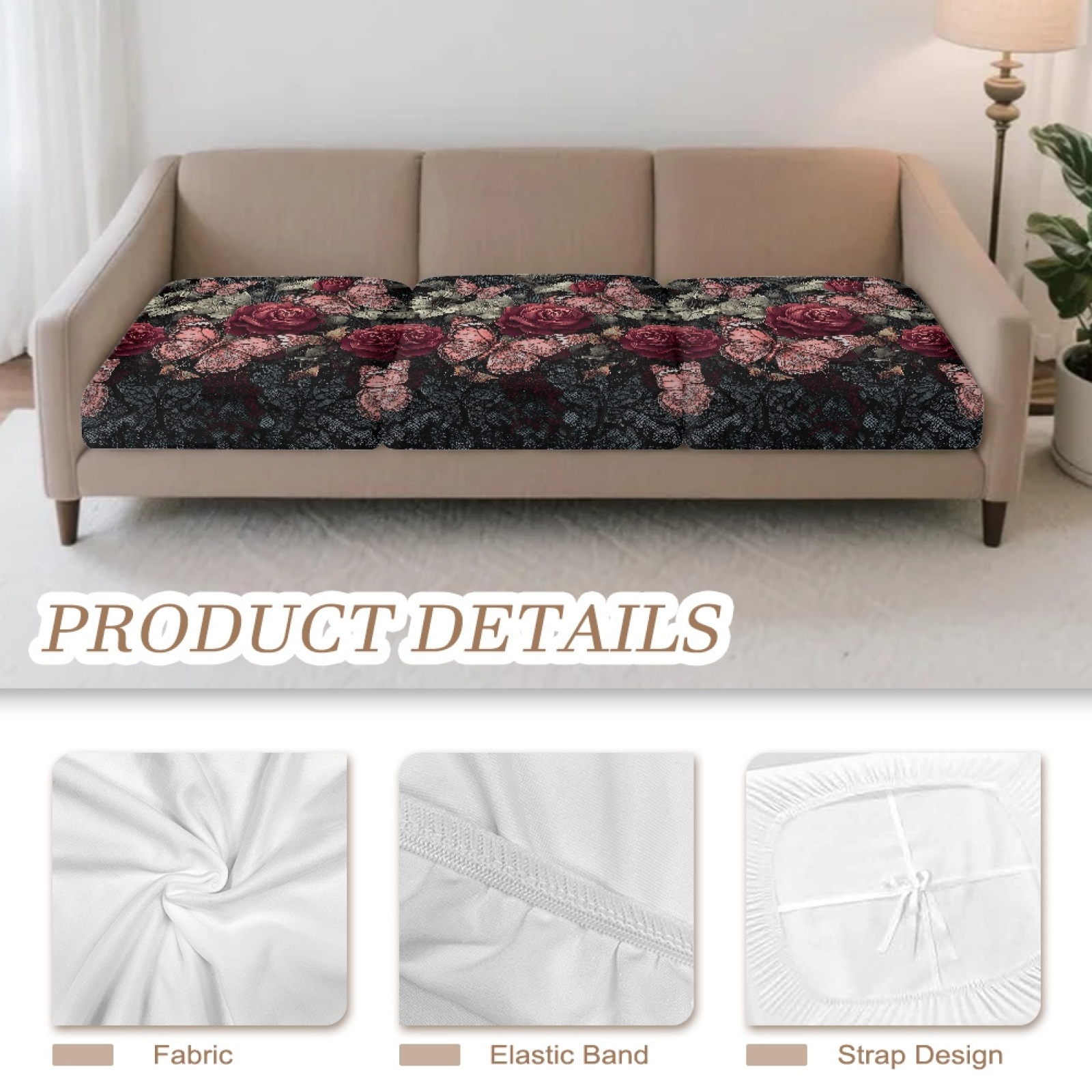 COEQINE Stretch Sofa Cover Fitted Individual Couch Cushion Cover Patterned Seat Cushion Slipcover Pet Sofa Slipcover Replacement for Living Room, 3 Pack, Pink Butterfly Rose