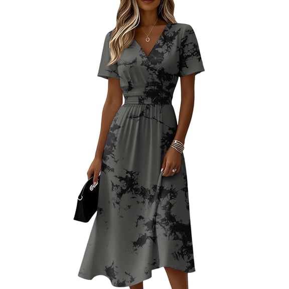 Elegant Dresses for Women Wrap V Neck Sundress Short Sleeve Vacation Beach Dress Summer Casual A-Line Swing Dresses