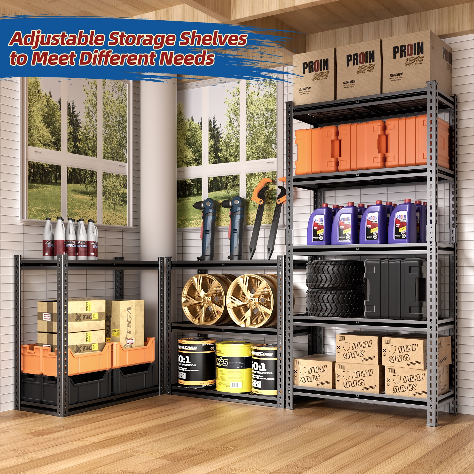 FIXTECH 5-Tier Adjustable Storage Shelf Units for Garage Heavy Duty, 72" H x 35.5" W x 16", Black