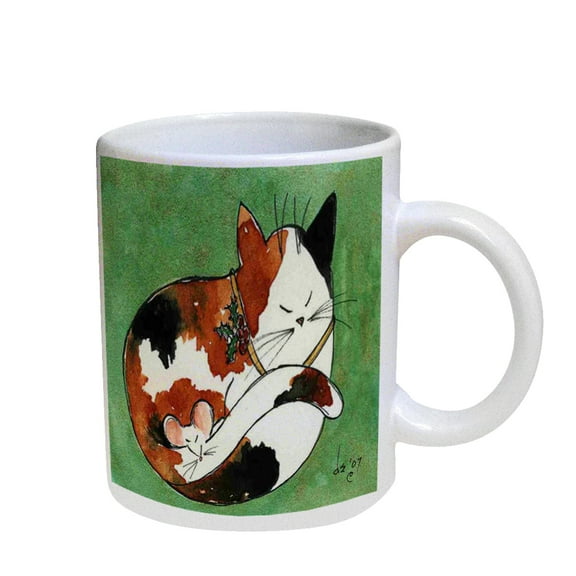 KuzmarK Coffee Cup Mug Pearl Iridescent White - Christmas Calico Cat and Mouse Cat Art by Denise Every