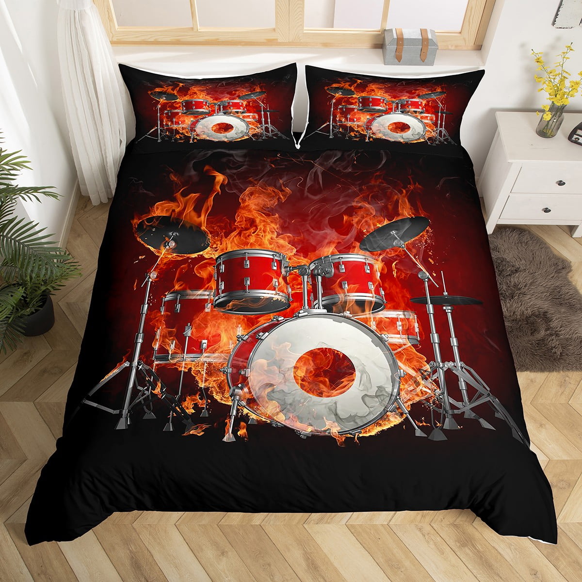 Red Drum Kit Comforter Cover Music Theme Bed Set, Band Drum Set Duvet