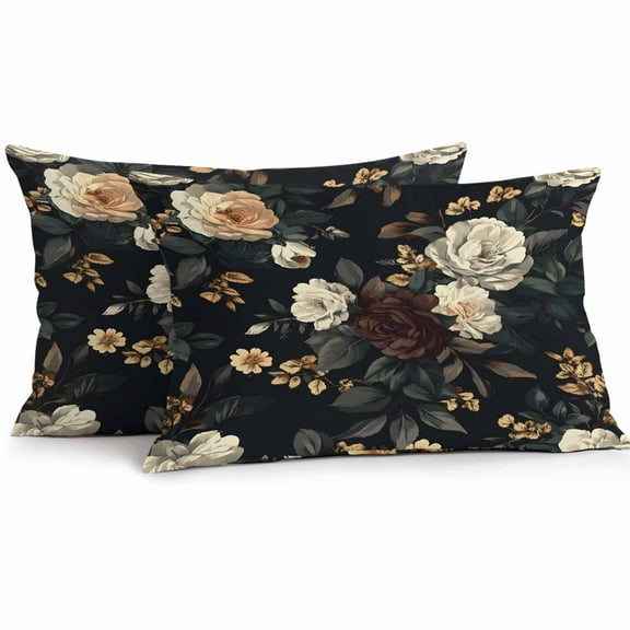 Vintage Black Floral Waterproof Outdoor Throw Pillow Covers 12''x20'' Pack 2, Pillow Cases Throw Cushion Cover with Zipper, Spring Seasonal Botanical Blooms Washable Pillowcase for Poolside Sofa