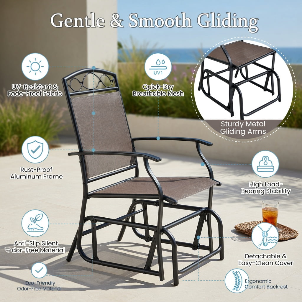 Hommoo 2-Piece Outdoor Metal Glider Armchair Set, Rust-Resistant Powder-Coated Frame, Fade-Resistant Breathable Fabric, High-Back Ergonomic Design for Porch, Patio & Poolside, Brown