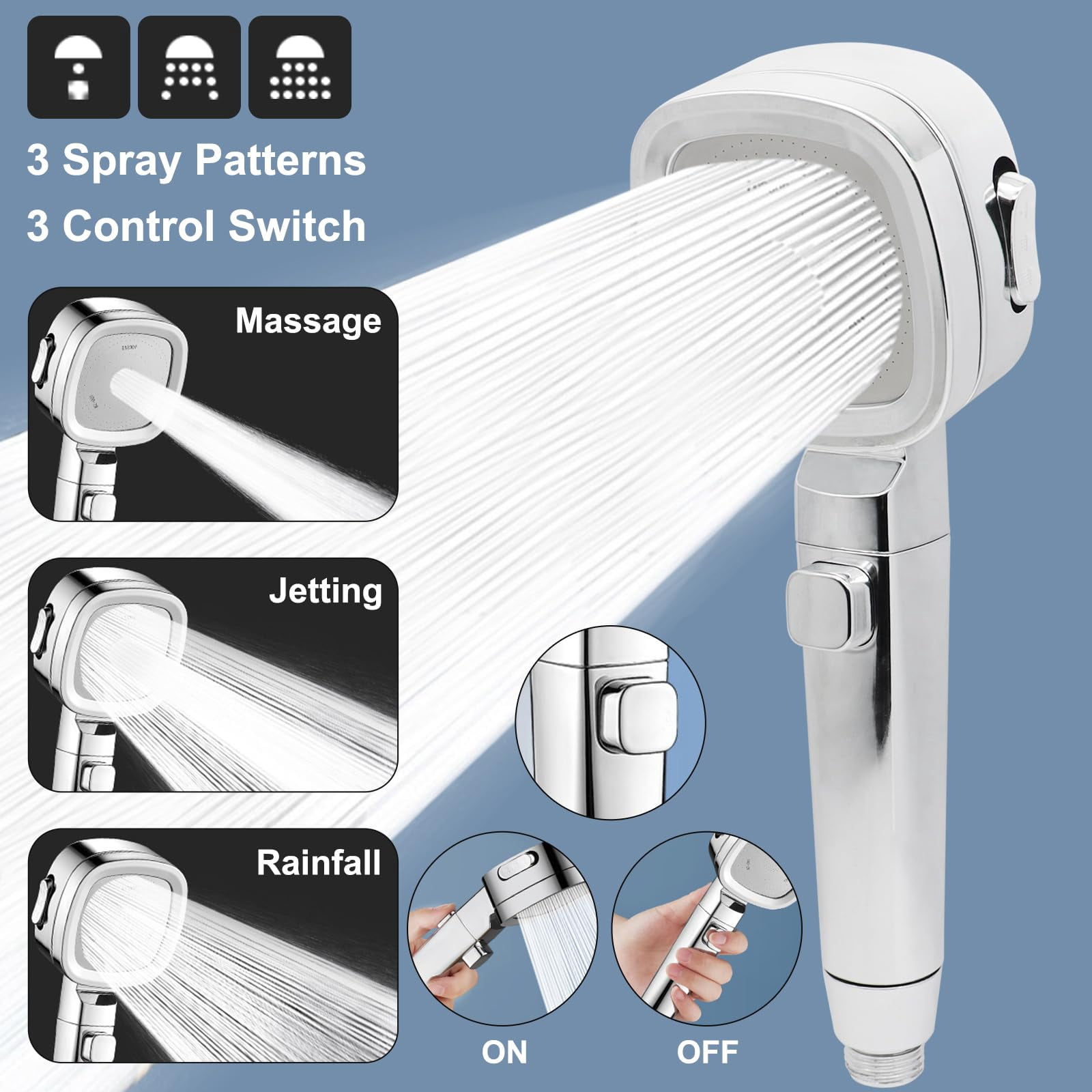 Rv Shower Head with 60" Hose and On Off Switch, 3 Spray Modes High Pressure Water Saving Shower Head with Adhensive Holder for RV, Camper, Travel trailer and Motorhome (Chrome)