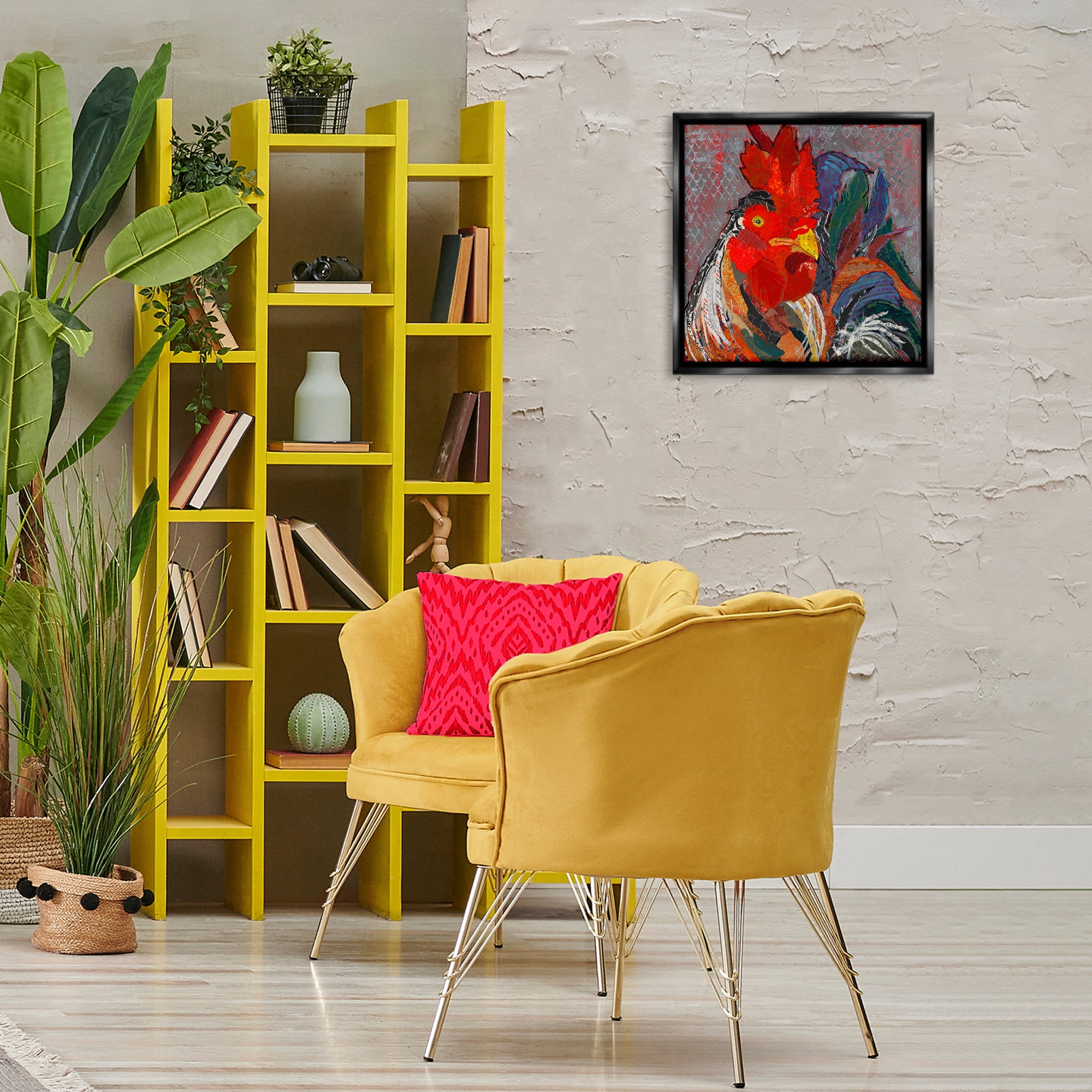Stupell Industries Patterned Collage Rooster Animals Painting Black Floater Framed Canvas Art Print Wall Art, 18 x 18