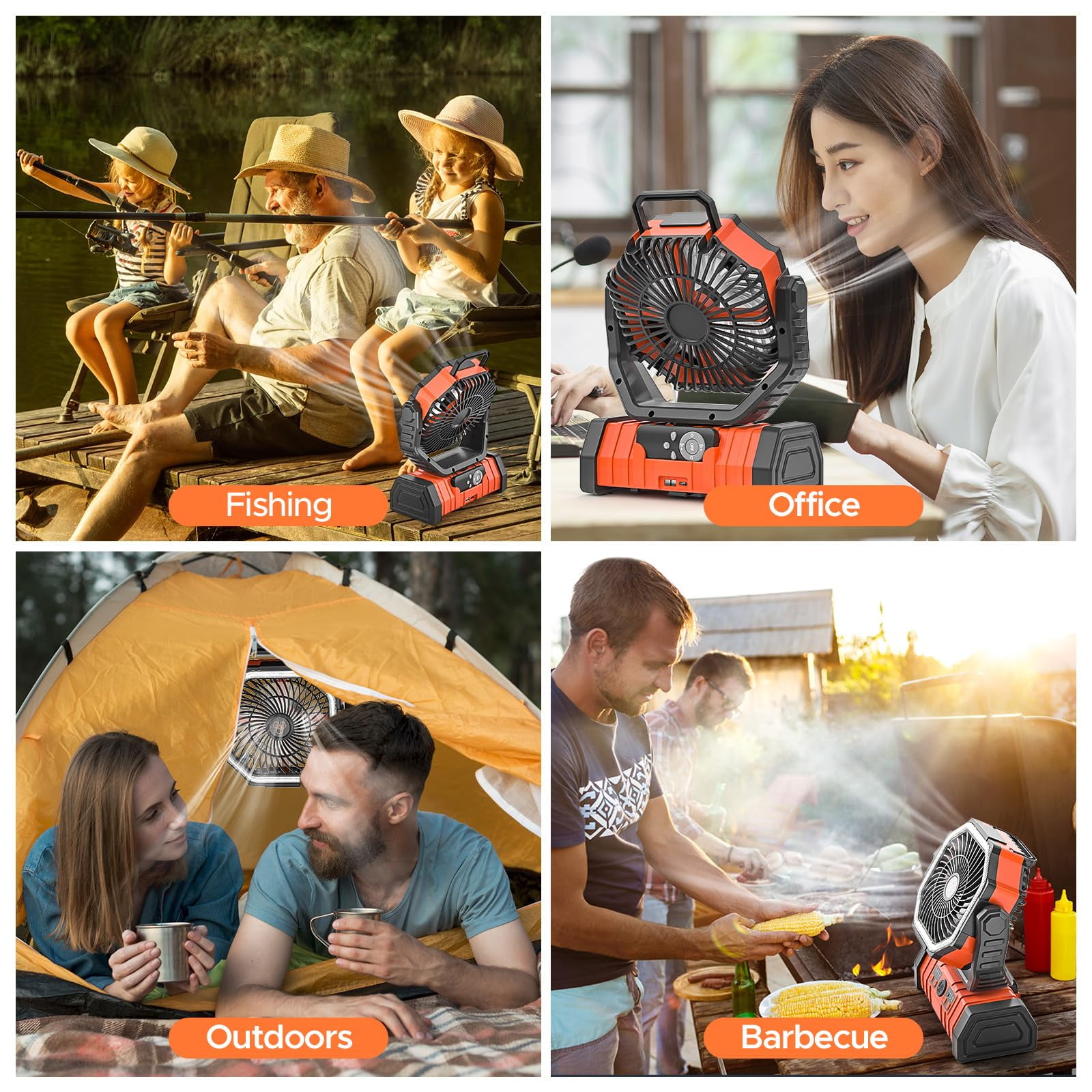 Camping Fan, 20000mAh Rechargeable Battery Operated Outdoor Tent Fan with LED Light & Foldable Hook, 4 Speeds with 270° Rotate Pivot for Camping, Barbecue, kitchen, Fishing, Construction(Orange)