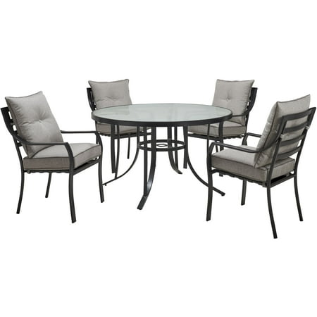 Hanover Lavallette 5-Piece Modern Outdoor Dining Set with 9 ft. Umbrella | 4 UV Protected Cushioned Chairs | 52 Round Glass-Top Table | Weather Resistant Frame | Ocean Blue | LAVDN5PCRD-BLU-SU