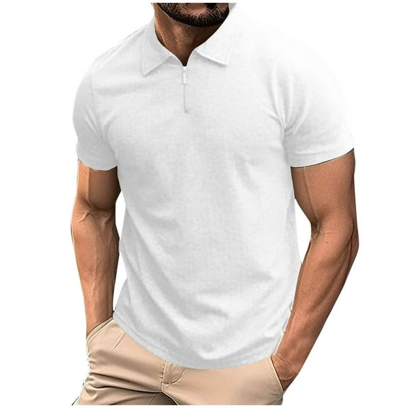 Fnooota Mens Polo Shirts Short Sleeve, Casual Zipper Collared Basic Summer Shirts White Size 3XL