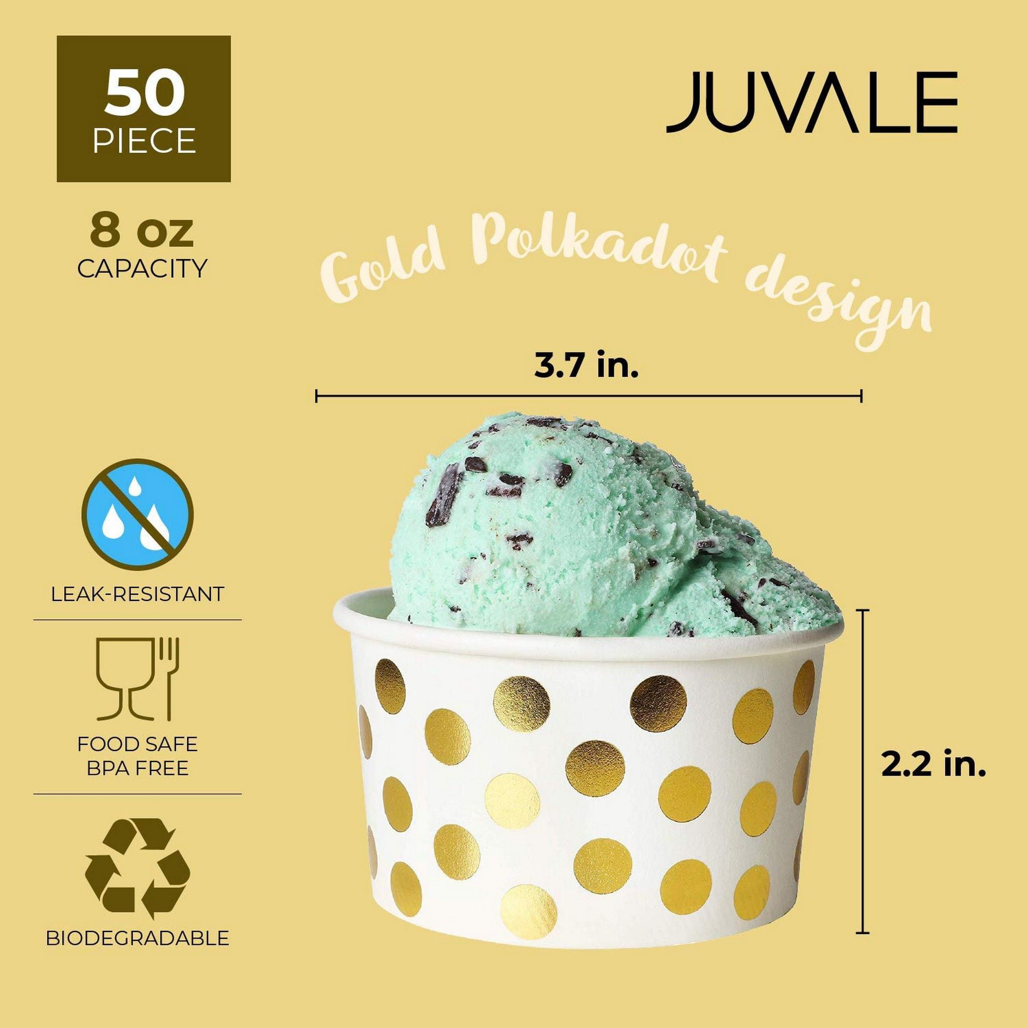 Ice Cream Sundae Cups 8-Ounce 50-Piece Disposable Paper Dessert Ice Cream Yogurt Bowls Party Supplies Gold Polka Dots 