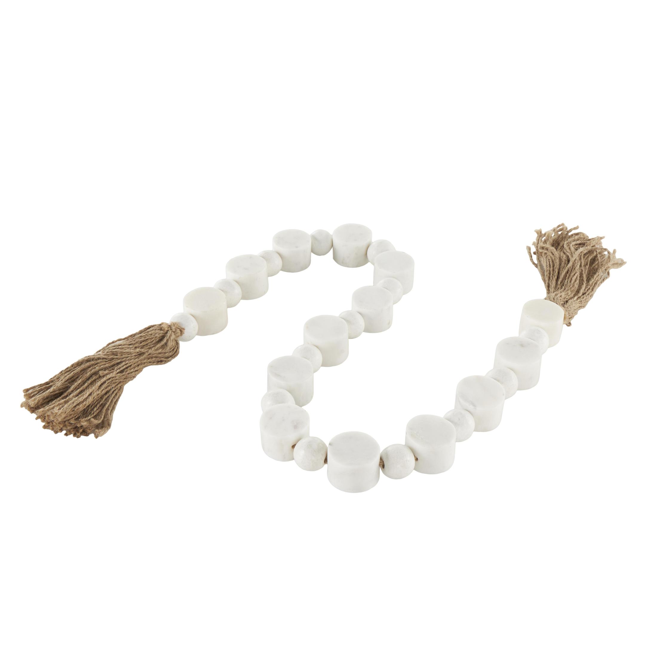 DecMode Handmade Round Extra Long Orb White Marble Garland with Tassel with Knotted Brown Jute