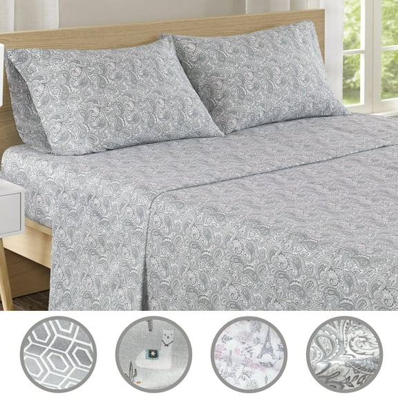 Comfort Spaces 100% Cotton Queen Sheet Set 4-Pieces Gray Paisley Lightweight Breathable All Season Cozy Sheet Set