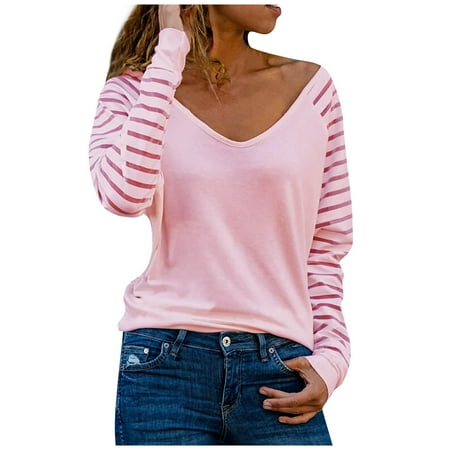 

Ichuanyi Womens Fall Tops Clearance Women Spring Fashion V-Neck Stripe Loose Printed Patchwork Blouse Tops Pullover