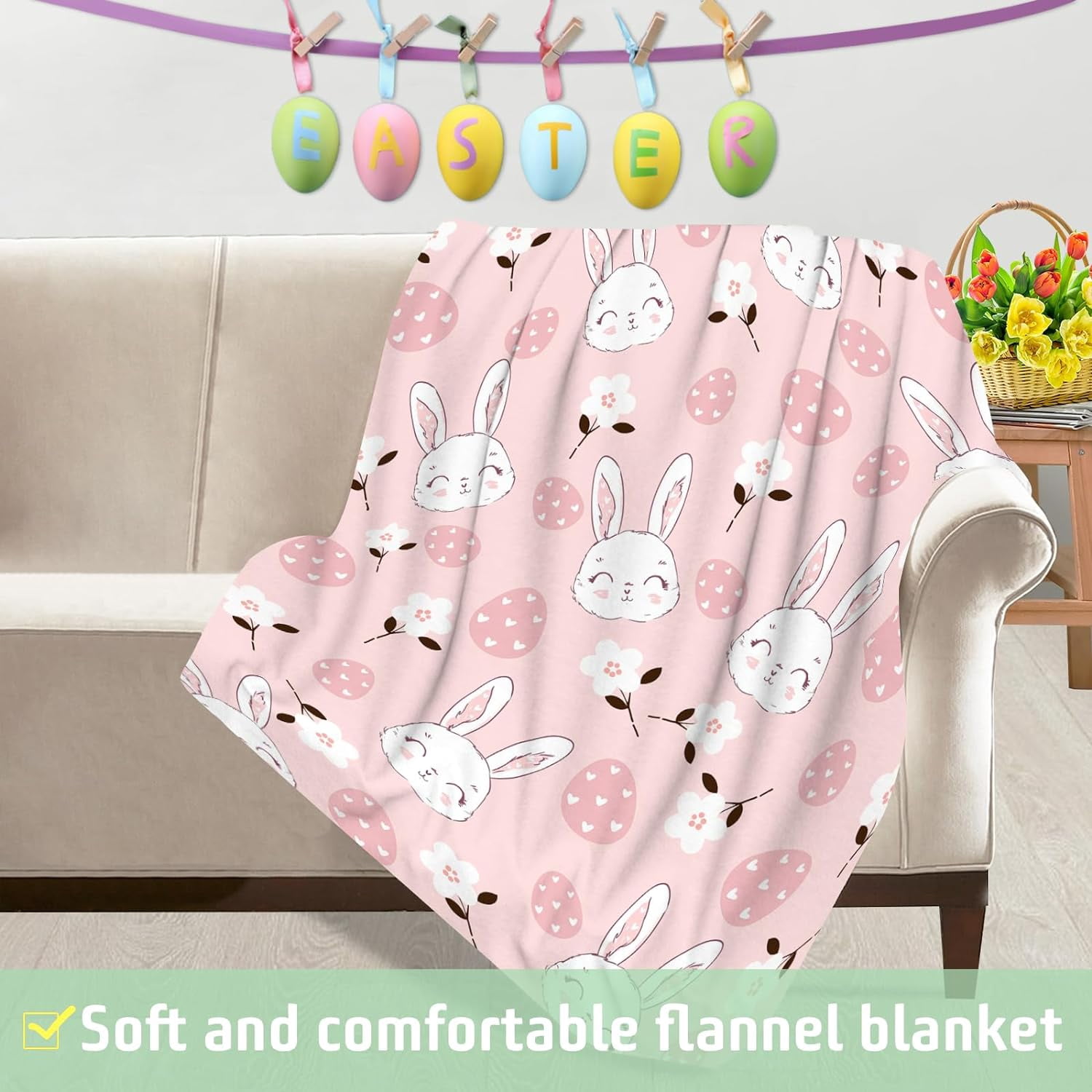 Luxury Plush Easter Blanket Cute Smiling Bunny Easter Egg Flower Pink Throw Blanket for Couch,Lightweight Soft and Warm Throws Blankets for Sofa Bed Living Room in Spring 50"X60"