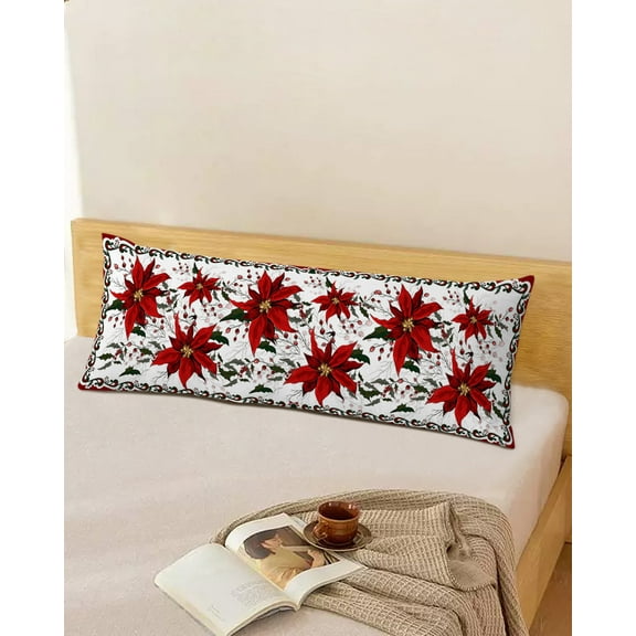 Winter Poinsettia Throw Pillow Cover, Christmas Floral Xmas Berry Rectangle Decorative Pillow Case Protector Soft Cushion Cover Lumbar Pillowcase for Couch Sofa Bedroom Car Chair Decor 20x54 Inch