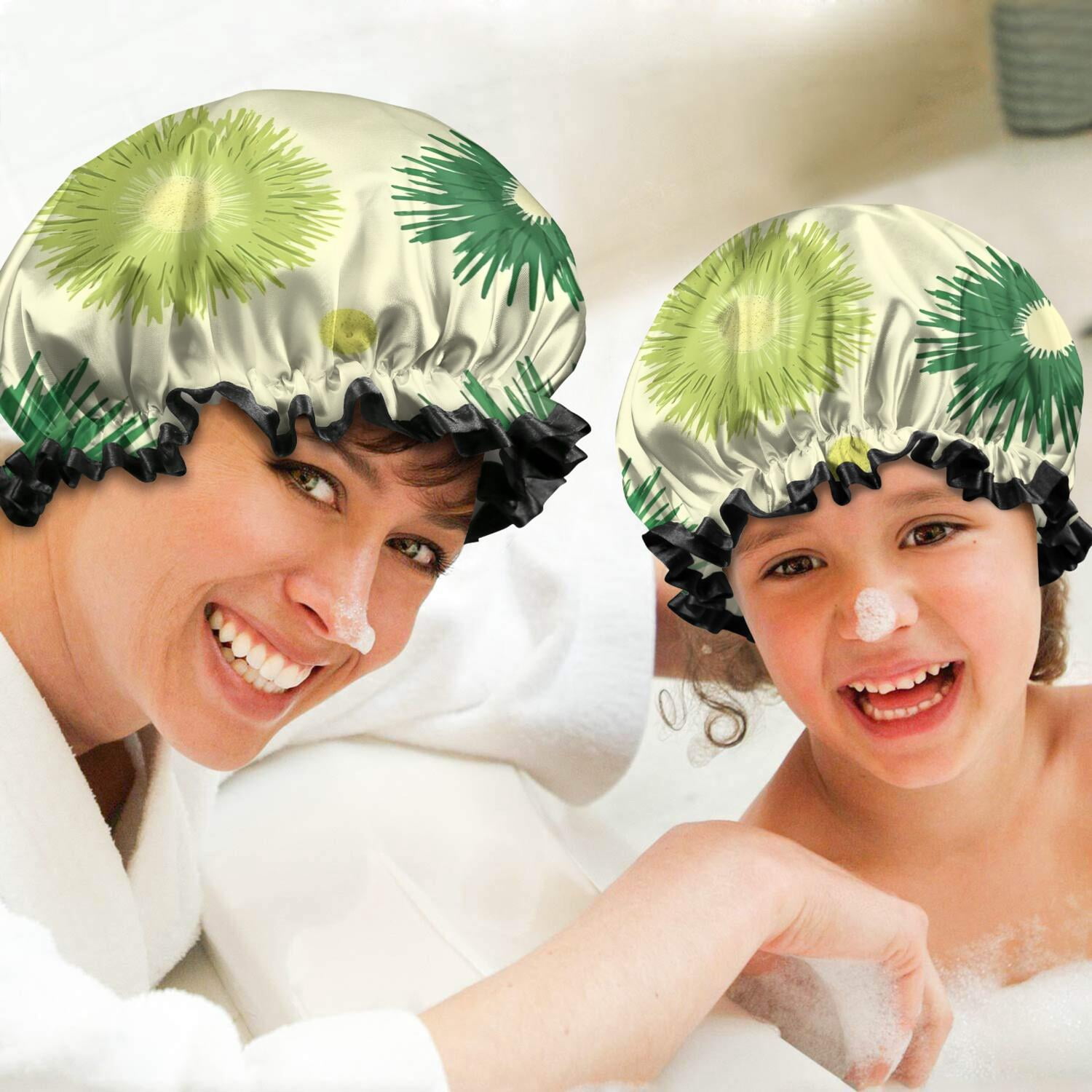 Shower Caps,Green Yellow Dandelion Pattern Waterproof Shower Cap for Women 4 Pieces,Double Reusable Hair Cover for Shower PEVA Elastic Stretch Hem