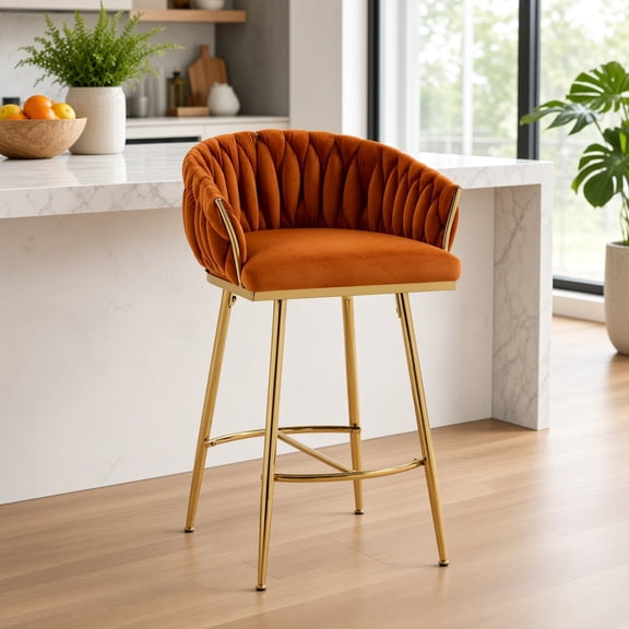 26" Counter Height Bar Stool, Velvet Upholstered with Hand-Wave Back, Golden Chrome Base & Footrest, Modern Kitchen Island Stool, Orange