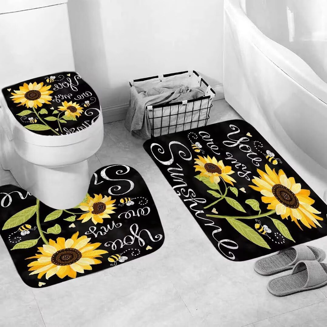 Sunflower Bathroom Sets Decor with Rugs You are My Sunshine Shower Curtain Sets Accessories 4 Piece with Shower Curtain Non-Slip Rug Toilet Lid Cover and Bath Mat and 12 Hooks