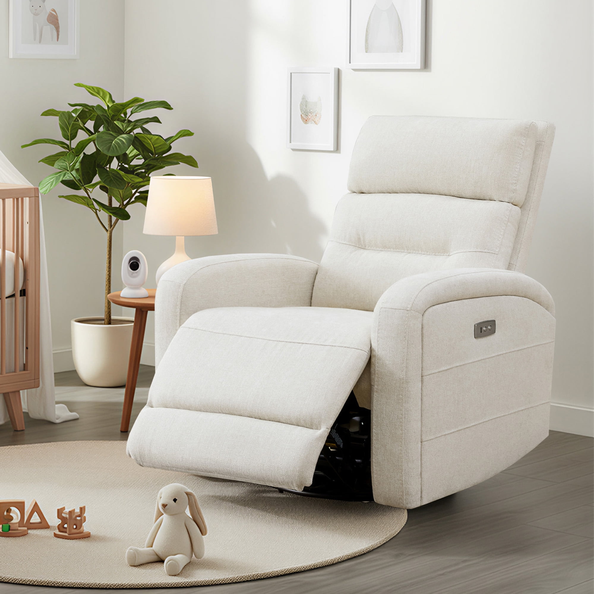 Spruce & SpringPower Swivel Glider Recliner with USB Charging for Home Theater, Linen-Power Headrest