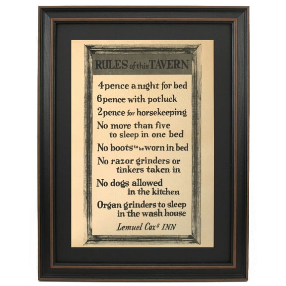 Framed Rules of the Tavern from Lemuel Cox's Inn. Historical Prints by Patriot Gear Company